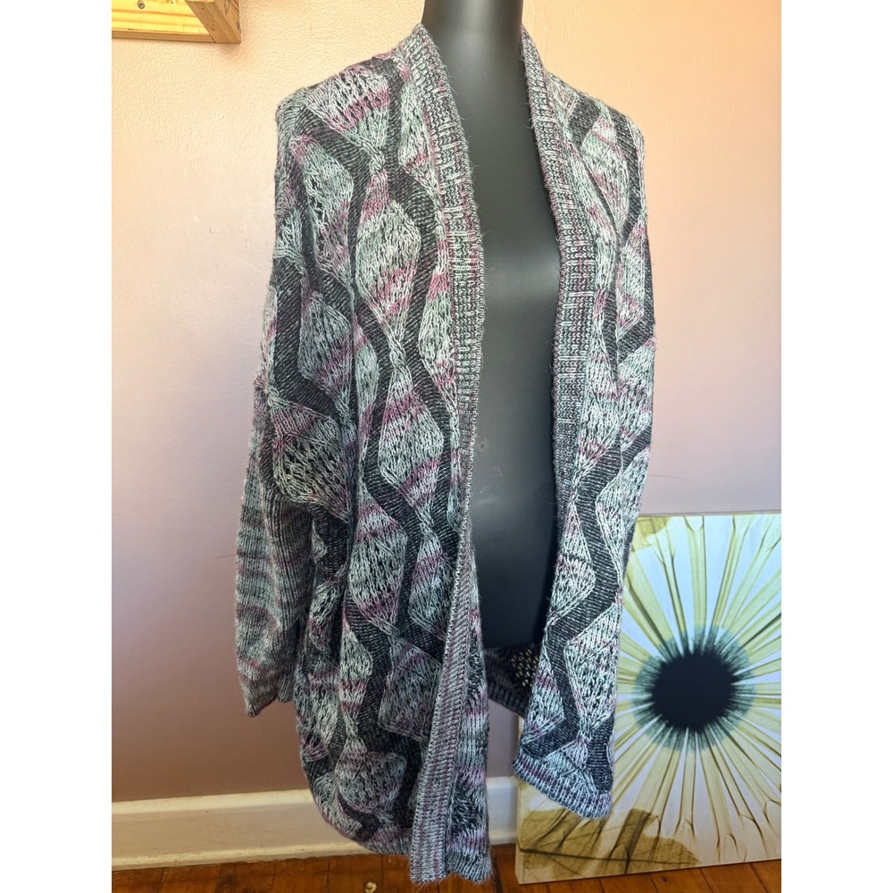 Soft Surroundings One Size Gray Purple Diamond Knit Cardigan Wool Open Front Top - Picture 4 of 7